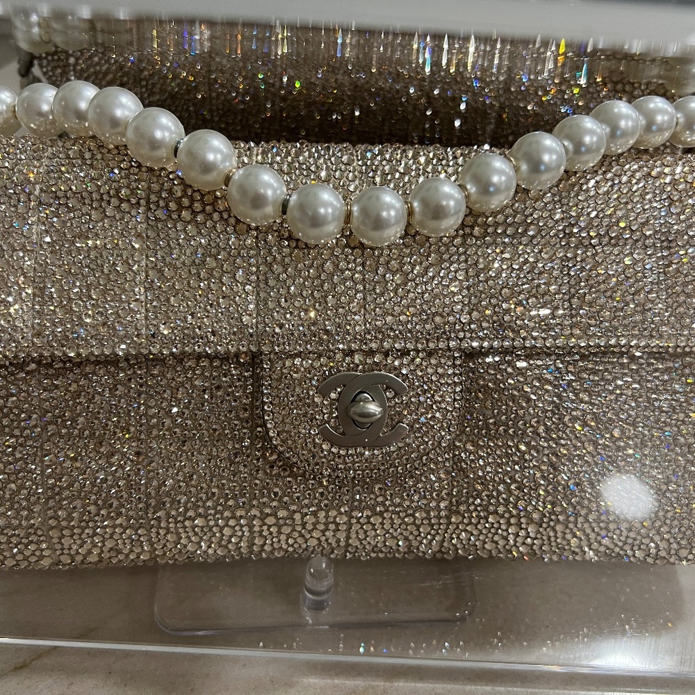 100% Authentic CHANEL Chocolate Bar Swarovski Strass Bag w/ Display Case